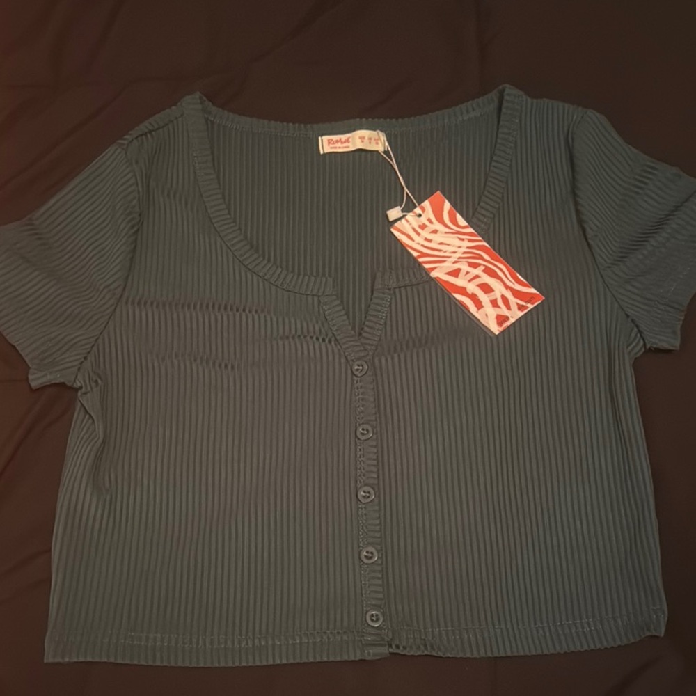 ROMWE Teal Ribbed Button-Down Top